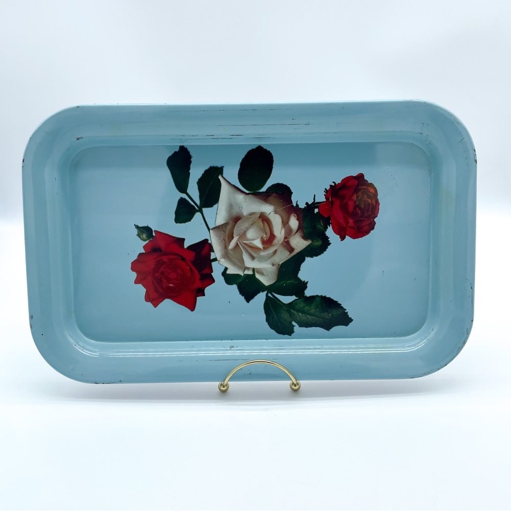 Vintage Rectangle Tin Tray with Roses Floral
